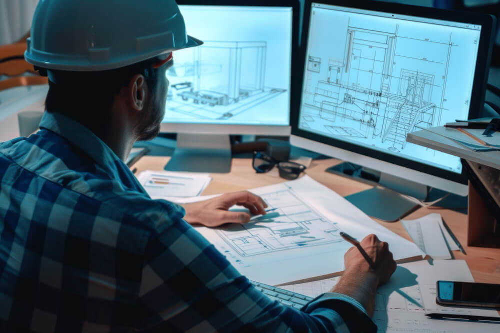 Civil engineer looking at a construction design - project management software for civi engineers